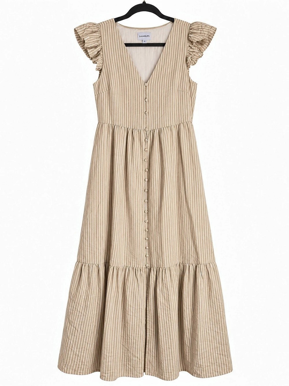 Sugar Lips Striped Maxi Dress in Beige & White Size Small